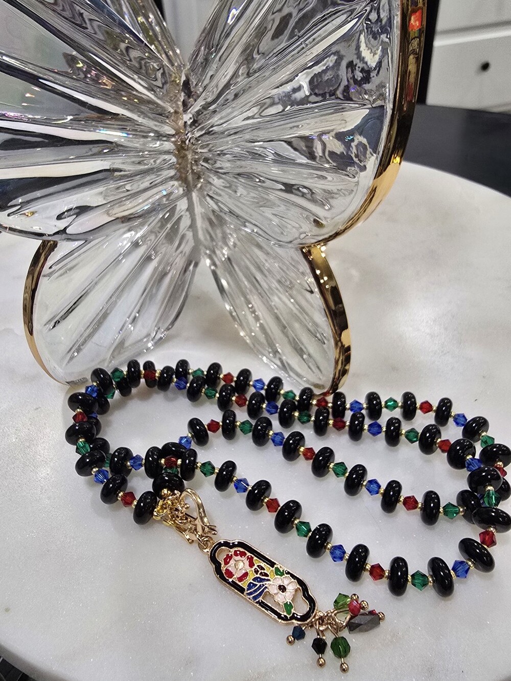 Gold-Accent Black Glass Bead Necklace with Multicolor Crystals